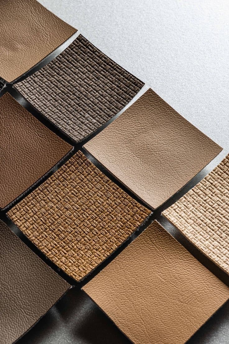 Leather article samples arranged in a grid.